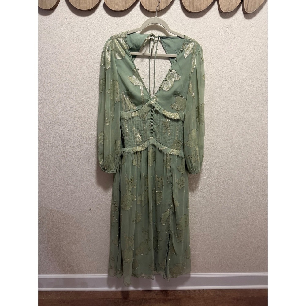 ASOS DESIGN Sage Green Gold Metallic Floral Midi Dress Open Back Size 6